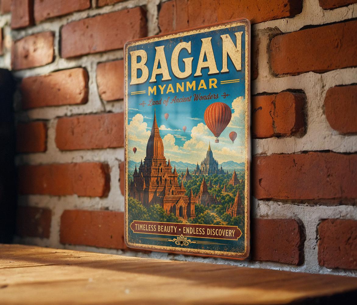 Bagan Myanmar Vintage Style Metal Sign, Ancient Temples Pagodas Landmark Travel Souvenir Wall Decor — photo 3