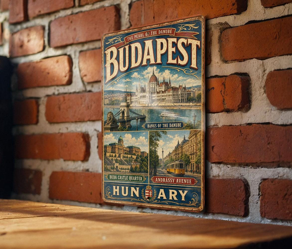 Budapest Metal Sign, Banks of the Danube Vintage Travel Decor, Hungary City Landmark Wall Plaque — photo 1