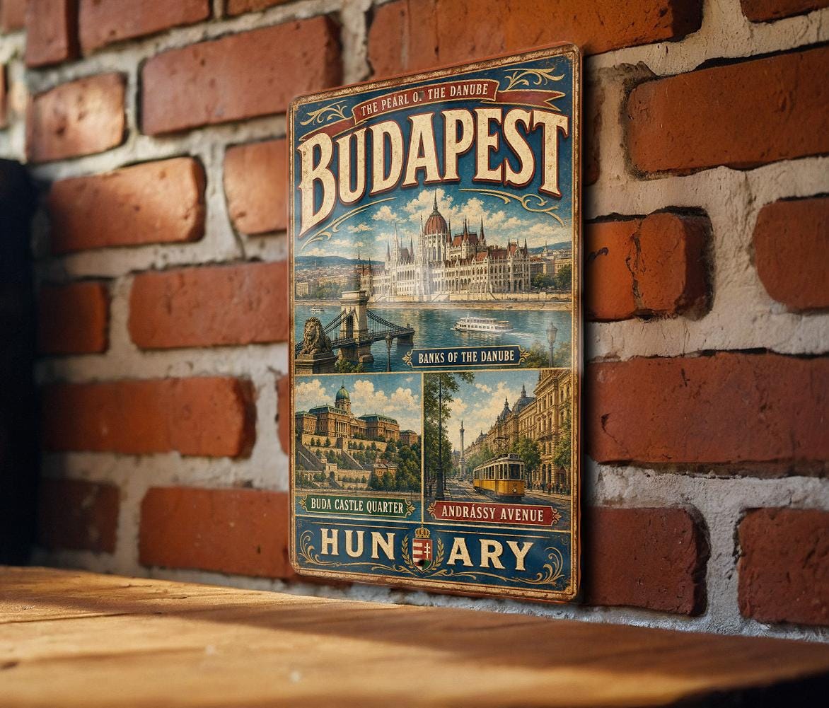 Budapest Metal Sign, Banks of the Danube Vintage Travel Decor, Hungary City Landmark Wall Plaque — photo 1