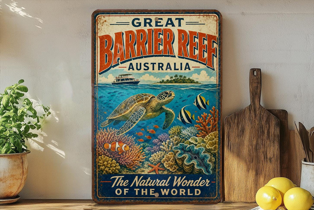 Great Barrier Reef Australia Vintage Style Metal Sign, Queensland Coral Reef Travel Souvenir Wall Decor, Coastal Ocean Landmark Sign — photo 1