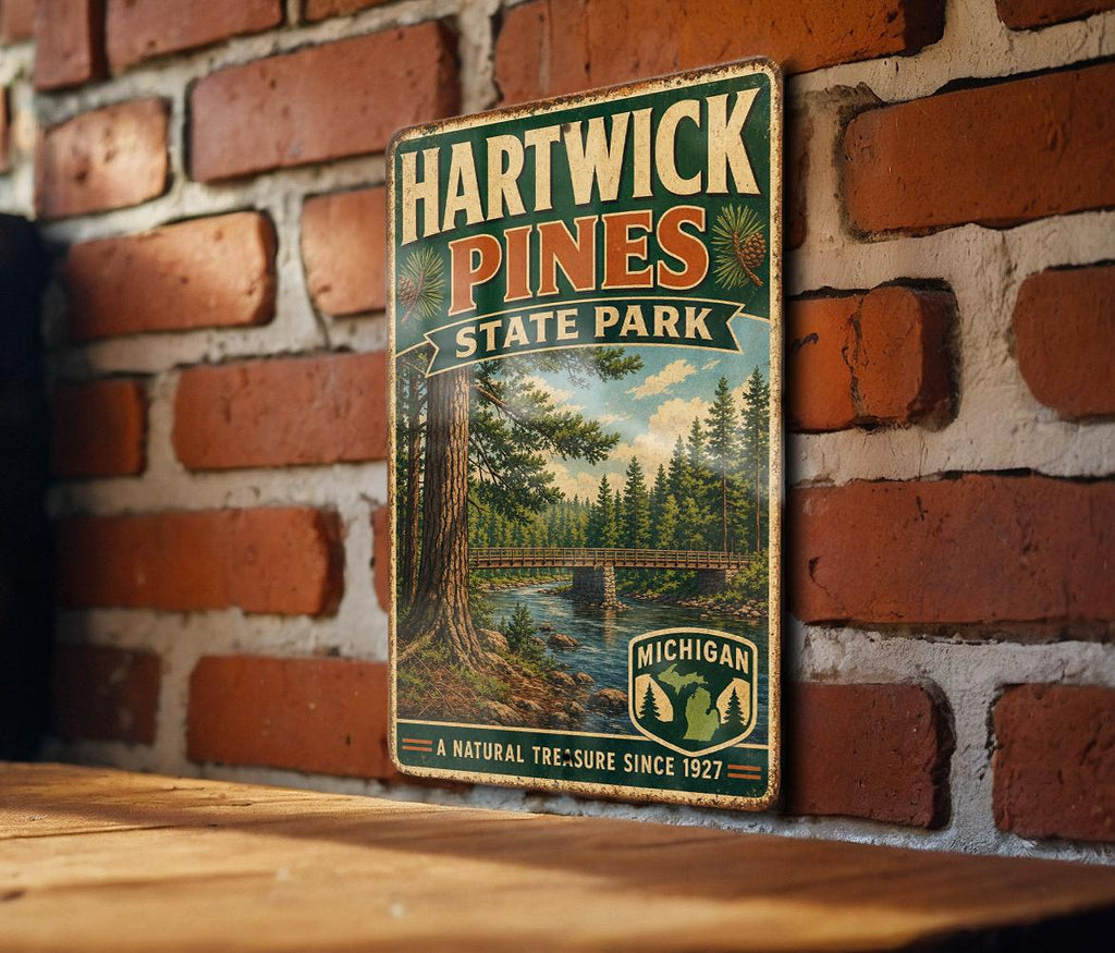Hartwick Pines State Park Michigan Vintage Style Metal Sign, Northern Michigan Park Decor, Camping Cabin Wall Sign — photo 1