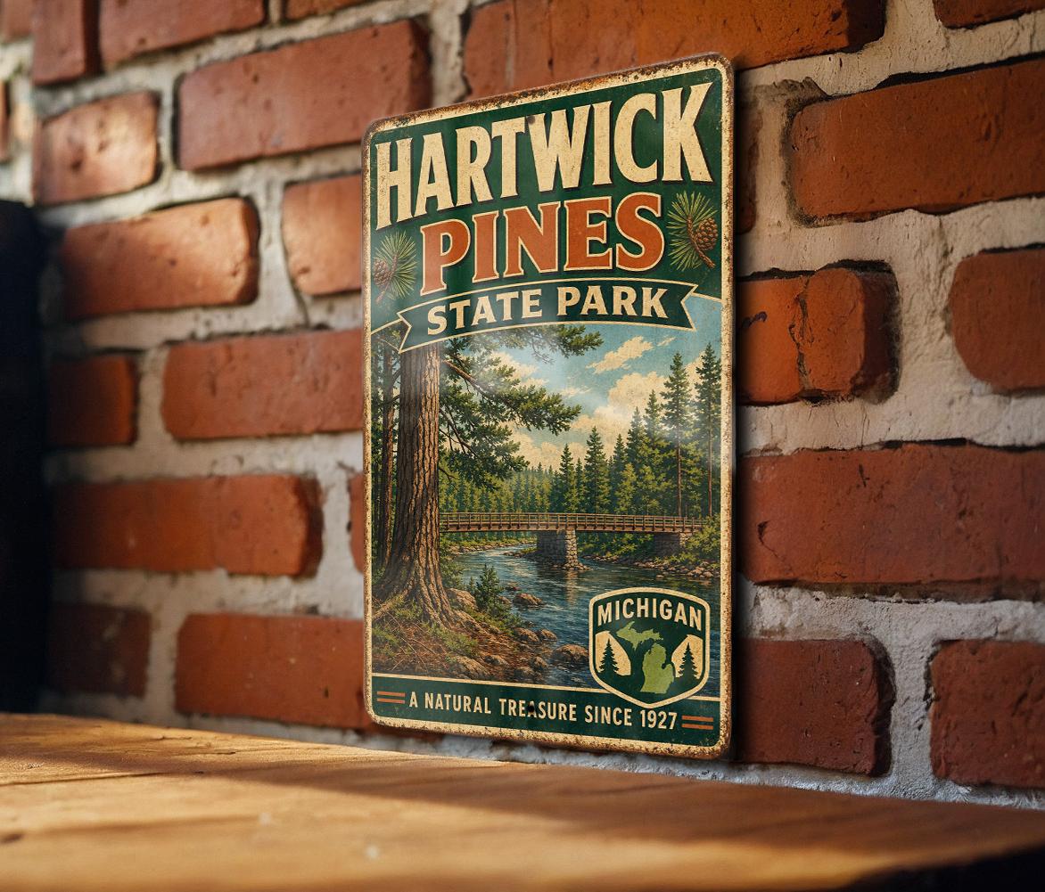 Hartwick Pines State Park Michigan Vintage Style Metal Sign, Northern Michigan Park Decor, Camping Cabin Wall Sign — photo 1