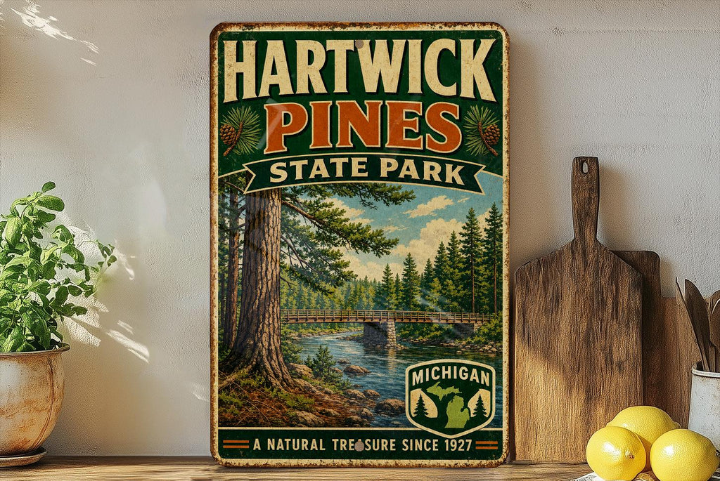 Hartwick Pines State Park Michigan Vintage Style Metal Sign, Northern Michigan Park Decor, Camping Cabin Wall Sign — photo 2