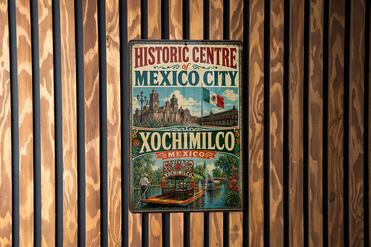 Historic Centre of Mexico City & Xochimilco Mexico Vintage Metal Sign, UNESCO World Heritage Landmark Decor, Mexico Travel Souvenir Sign — photo 2