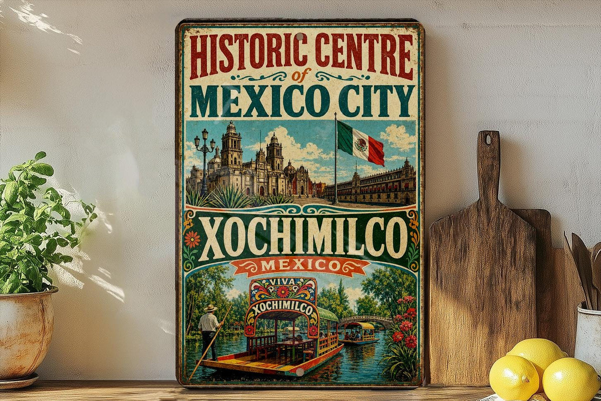 Historic Centre of Mexico City & Xochimilco Mexico Vintage Metal Sign, UNESCO World Heritage Landmark Decor, Mexico Travel Souvenir Sign — photo 3