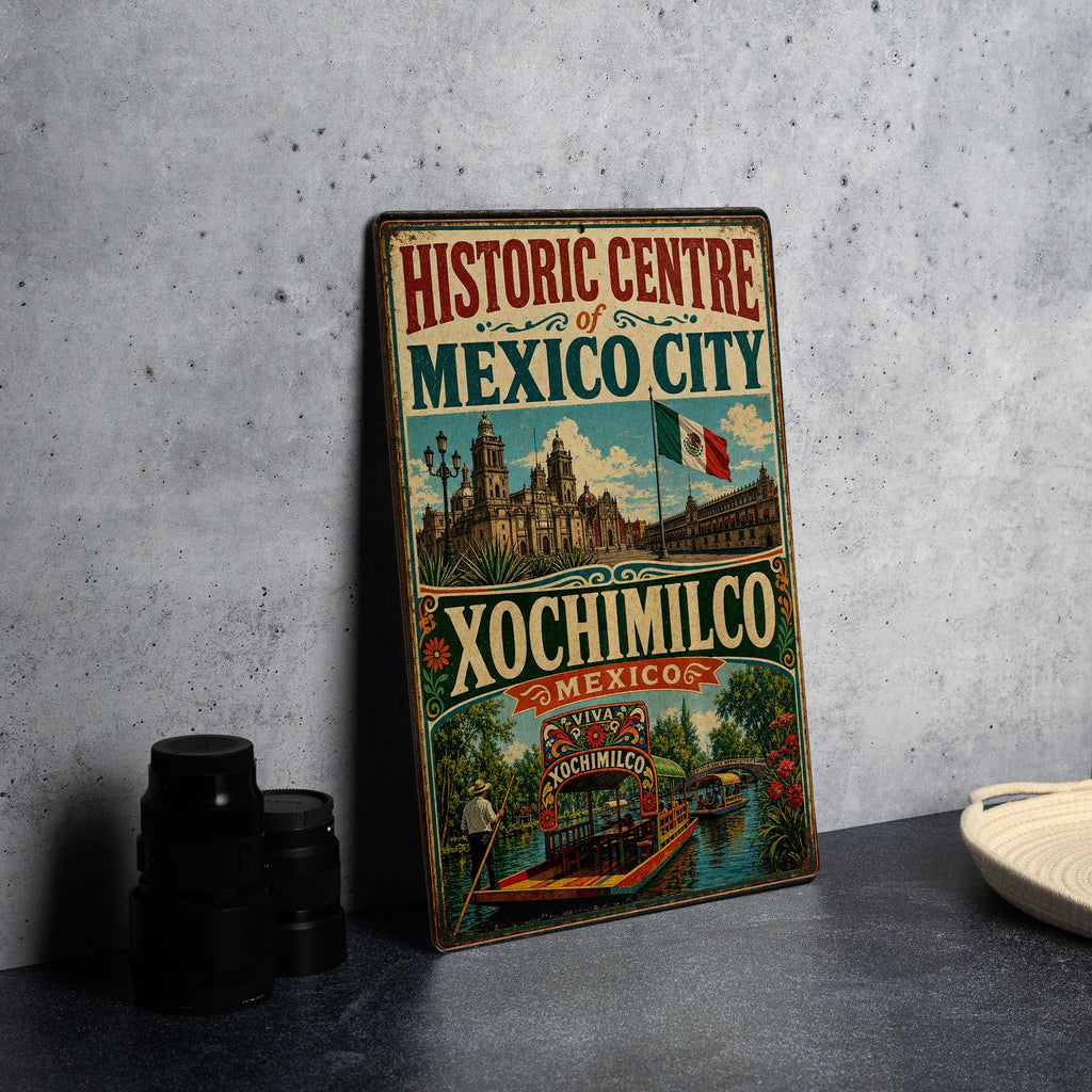 Historic Centre of Mexico City & Xochimilco Mexico Vintage Metal Sign, UNESCO World Heritage Landmark Decor, Mexico Travel Souvenir Sign — photo 4