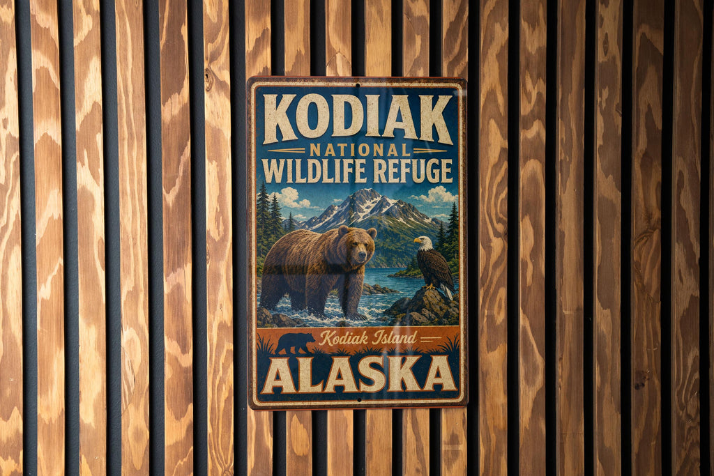 Kodiak National Wildlife Refuge Alaska Vintage Style Metal Sign, Kodiak Island Wildlife Decor, Rustic Cabin Lodge Wall Sign — photo 2