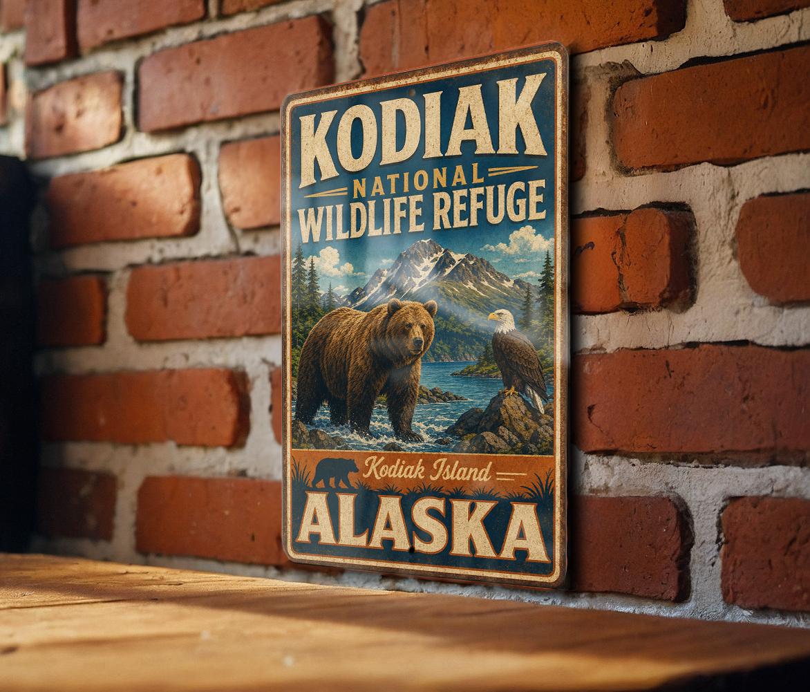Kodiak National Wildlife Refuge Alaska Vintage Style Metal Sign, Kodiak Island Wildlife Decor, Rustic Cabin Lodge Wall Sign — photo 3