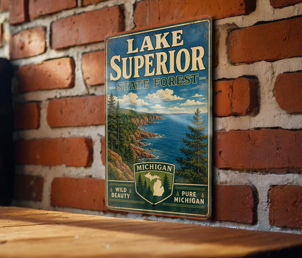 Lake Superior State Forest Michigan Vintage Style Metal Sign, Upper Peninsula Cabin Lake Decor, Rustic Outdoor Adventure Wall Sign — photo 1