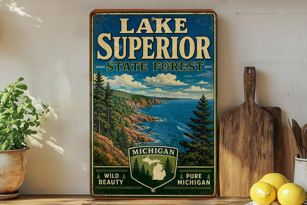 Lake Superior State Forest Michigan Vintage Style Metal Sign, Upper Peninsula Cabin Lake Decor, Rustic Outdoor Adventure Wall Sign — photo 3