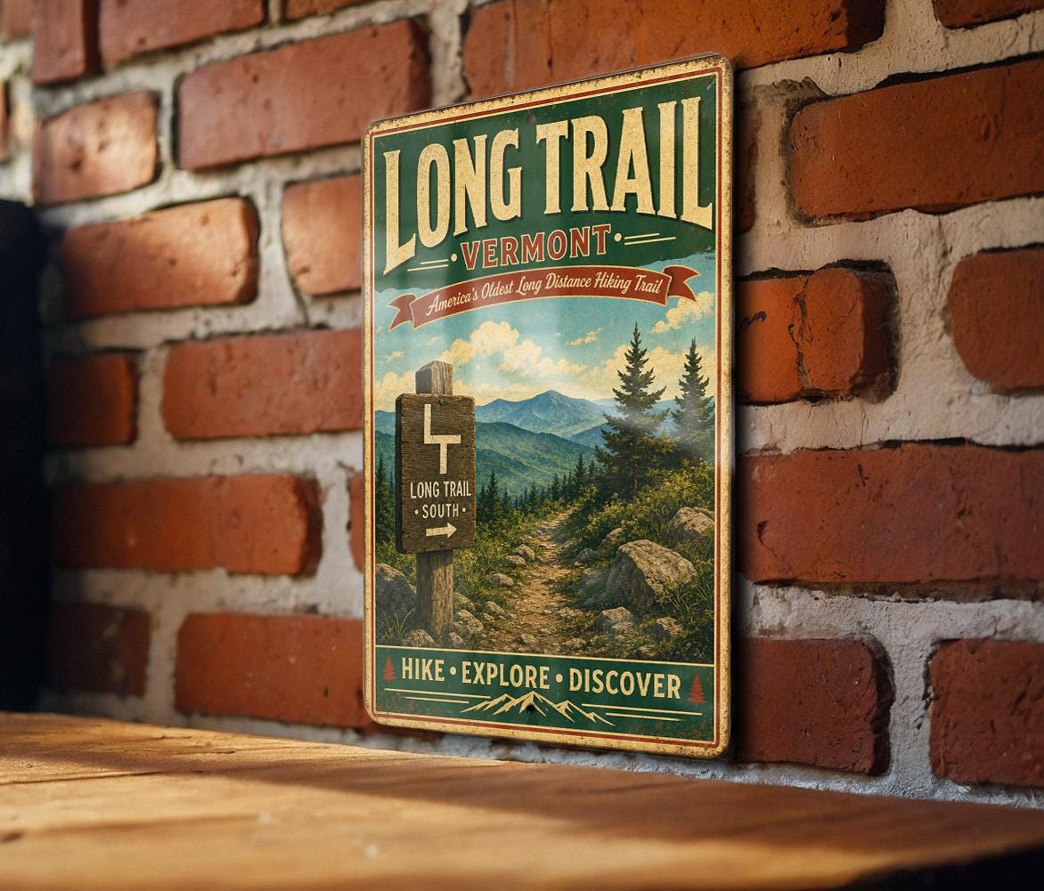 Long Trail Vermont Vintage Style Metal Sign, Green Mountain State Hiking Trail Decor, Rustic Cabin Wall Plaque — photo 1