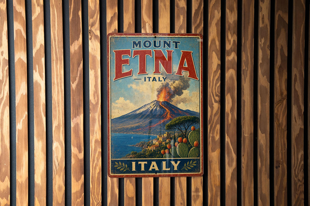Mount Etna Italy Vintage Style Metal Sign, Sicily Volcano Travel Souvenir Decor, Italian Landmark Wall Sign, Rustic Home Bar Decor — photo 1