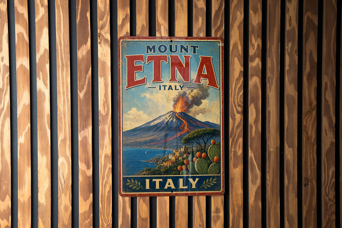 Mount Etna Italy Vintage Style Metal Sign, Sicily Volcano Travel Souvenir Decor, Italian Landmark Wall Sign, Rustic Home Bar Decor — photo 1