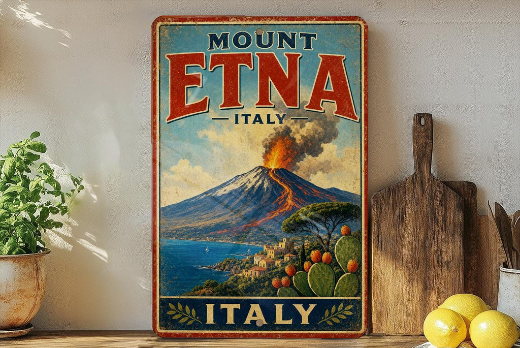 Mount Etna Italy Vintage Style Metal Sign, Sicily Volcano Travel Souvenir Decor, Italian Landmark Wall Sign, Rustic Home Bar Decor — photo 2