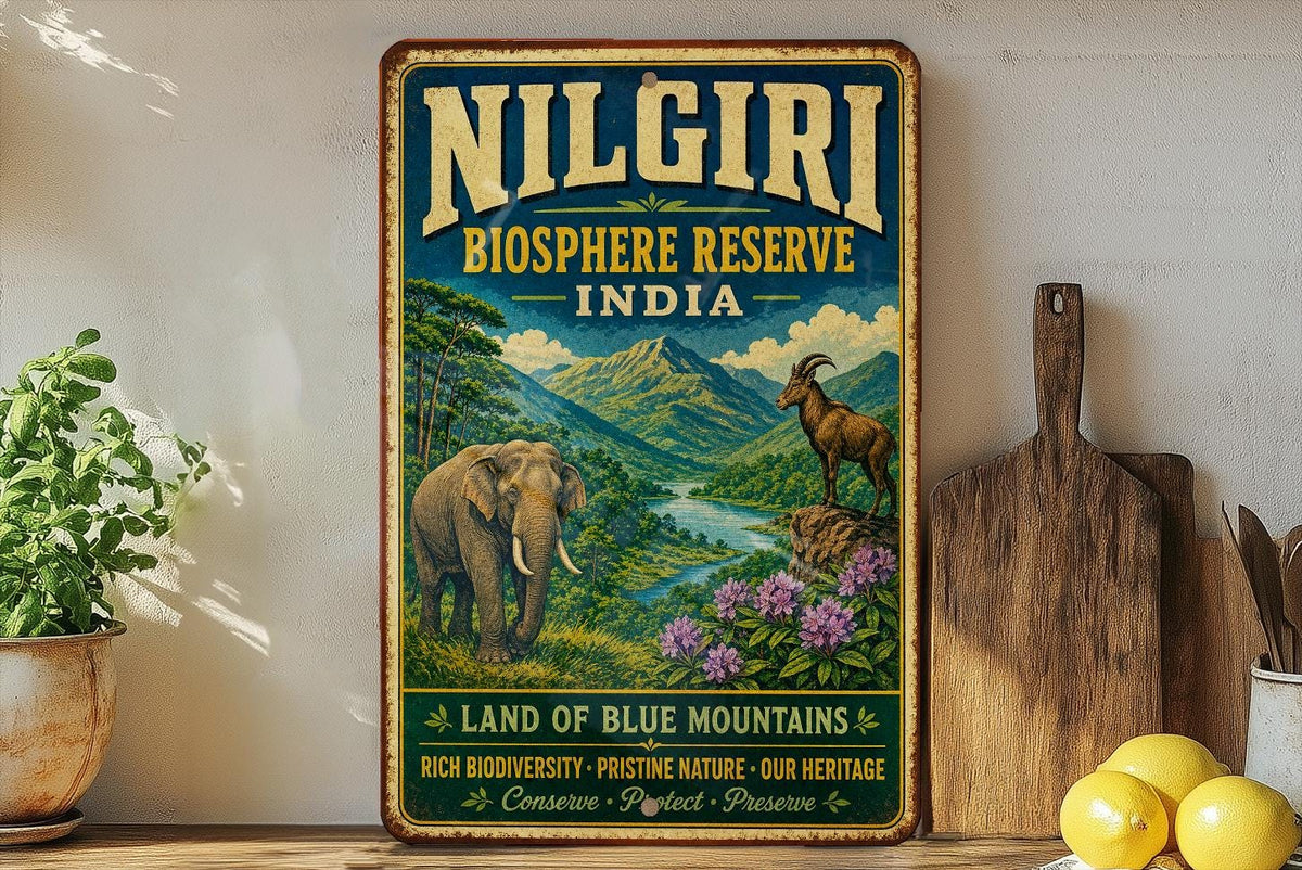 Nilgiri Biosphere Reserve India Vintage Style Metal Sign, Tamil Nadu Kerala Karnataka Wildlife Nature Reserve Decor — photo 1