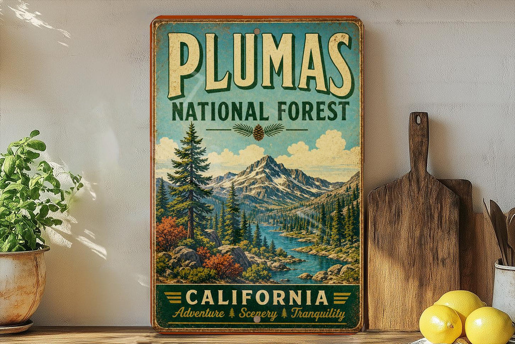 Plumas National Forest California Vintage Style Metal Sign, Plumas County Outdoor Recreation Decor, Rustic Cabin Wall Sign — photo 1