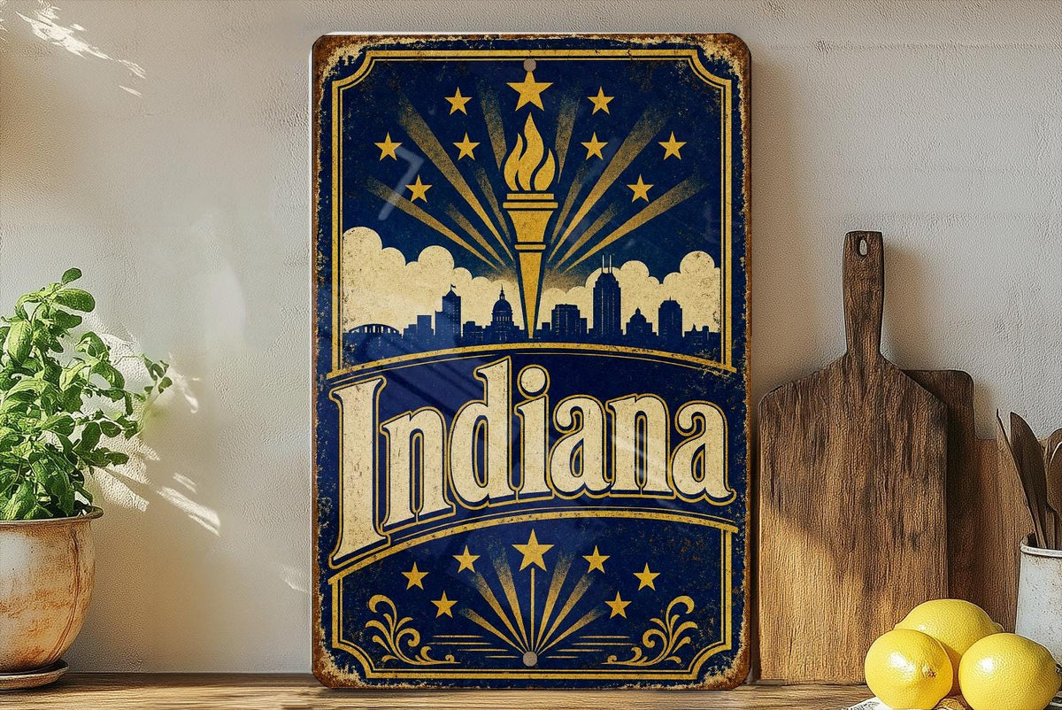 Indiana Vintage Flag Metal Sign, Indiana State Flag Wall Decor, Hoosier State Sign, Indiana Pride Plaque, Rustic Home Bar Garage Decor — photo 1