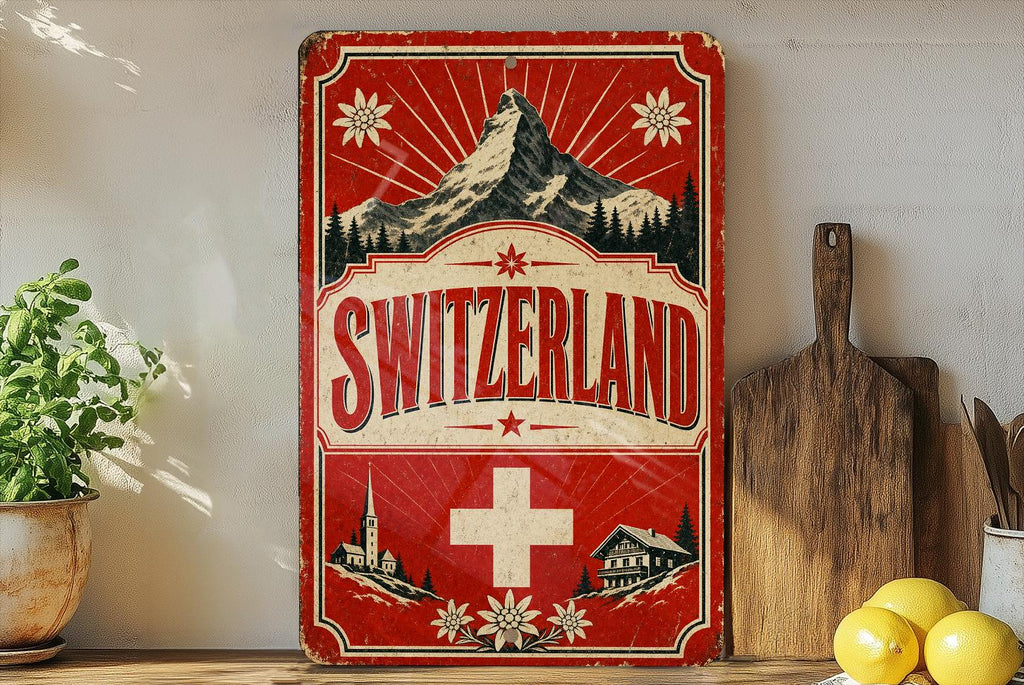 Switzerland Vintage Flag Metal Sign, Swiss National Flag Wall Decor, Alpine Country Souvenir Plaque, Rustic Home Bar Sign — photo 1