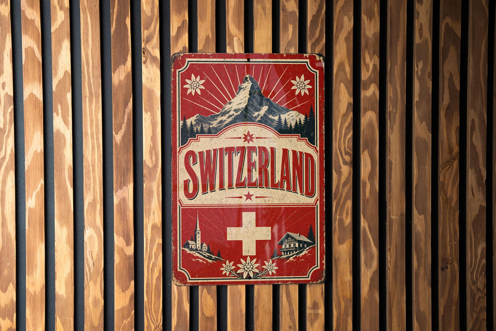 Switzerland Vintage Flag Metal Sign, Swiss National Flag Wall Decor, Alpine Country Souvenir Plaque, Rustic Home Bar Sign — photo 2