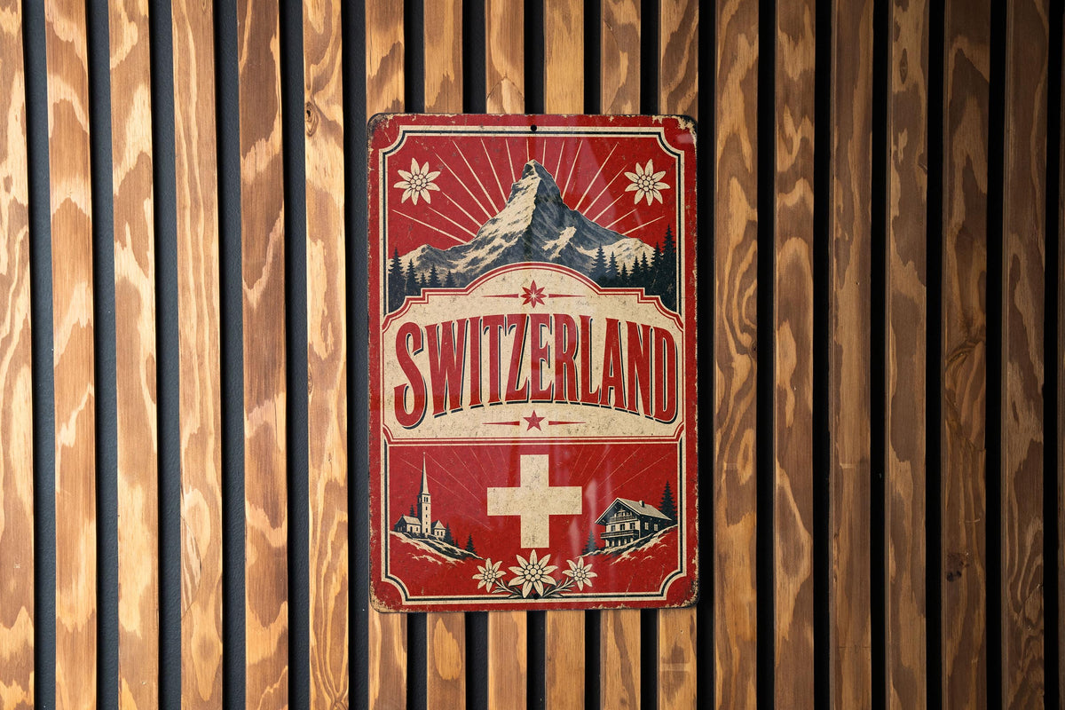 Switzerland Vintage Flag Metal Sign, Swiss National Flag Wall Decor, Alpine Country Souvenir Plaque, Rustic Home Bar Sign — photo 2