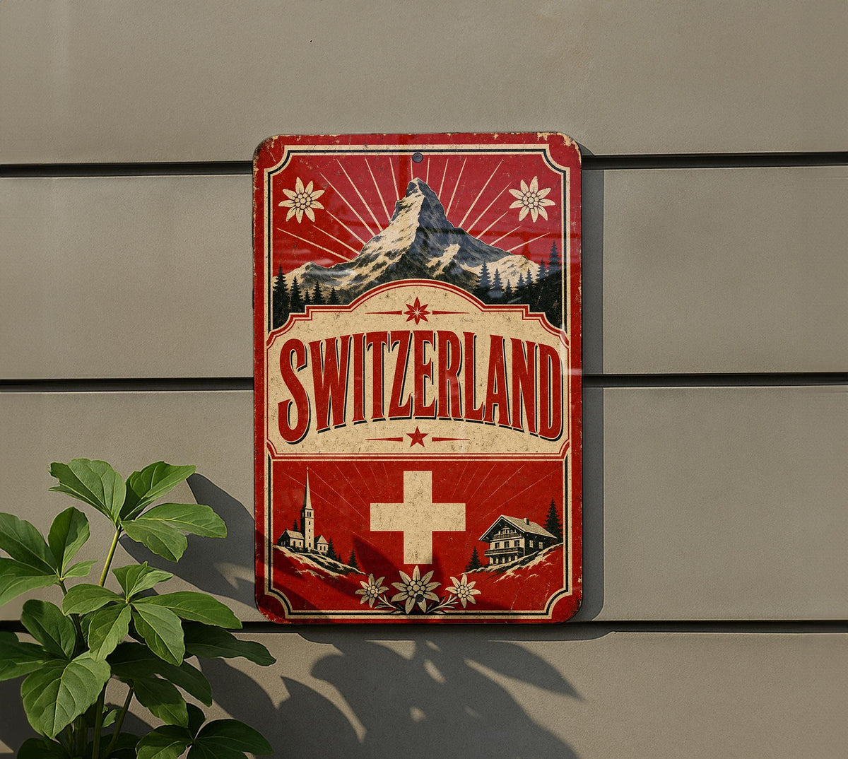 Switzerland Vintage Flag Metal Sign, Swiss National Flag Wall Decor, Alpine Country Souvenir Plaque, Rustic Home Bar Sign — photo 5
