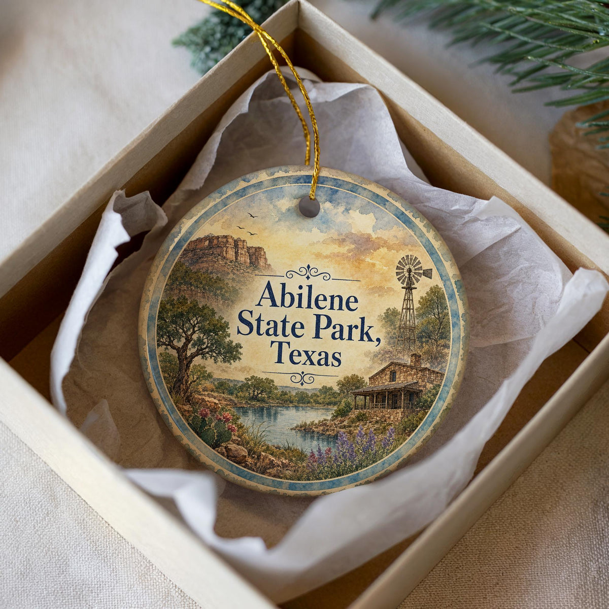 Abilene State Park Texas Watercolor Ceramic Ornament, Abilene TX State Park Souvenir, Texas Travel Keepsake Ornament — photo 1