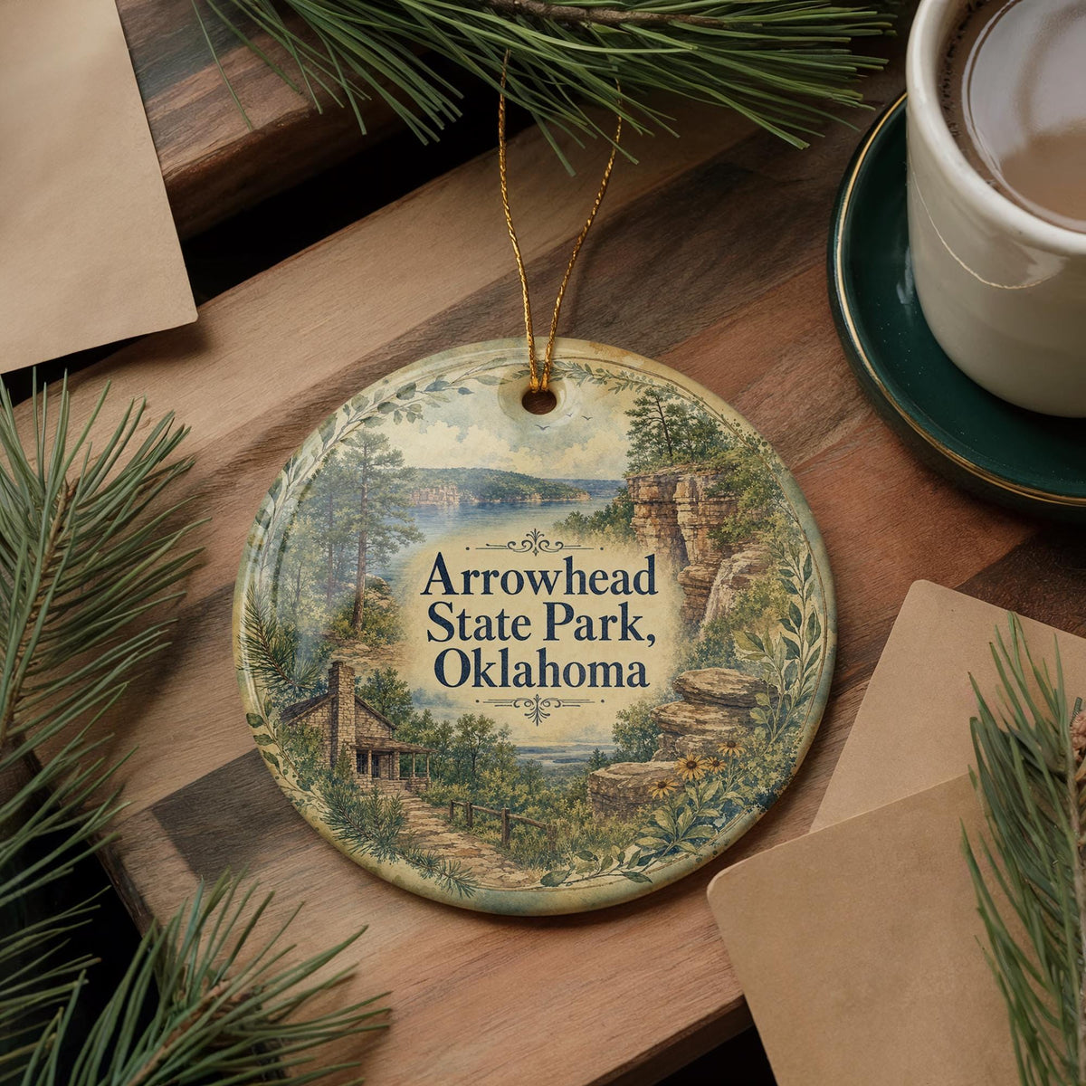 Arrowhead State Park Oklahoma Watercolor Ceramic Ornament, Lake Eufaula Souvenir, Travel Keepsake, Oklahoma State Park Gift — photo 5