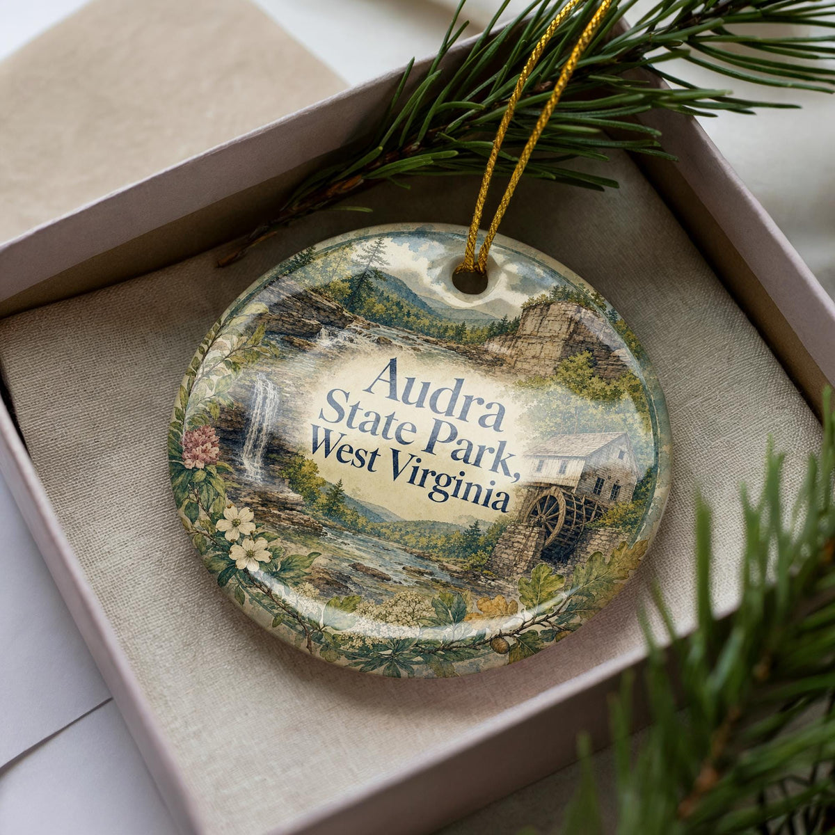Audra State Park West Virginia Watercolor Ceramic Ornament, WV State Park Souvenir, Nature Travel Keepsake Gift — photo 2