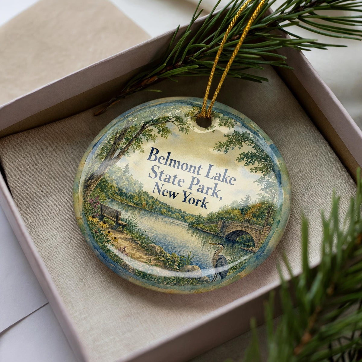 Belmont Lake State Park New York Watercolor Ceramic Ornament, Long Island State Park Souvenir, Holiday Tree Decoration — photo 1