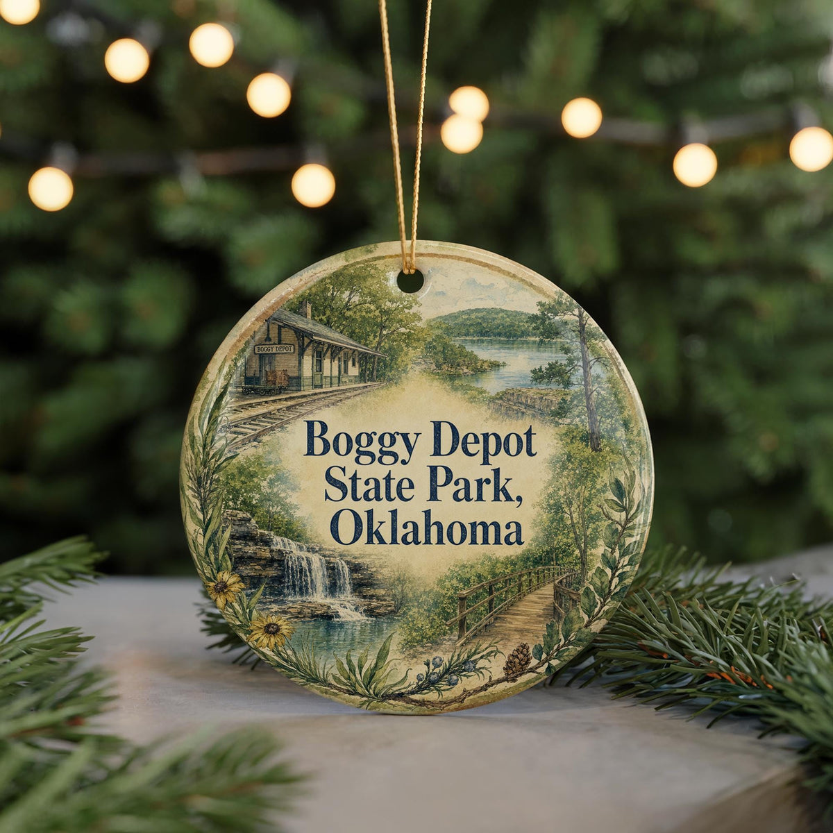 Watercolor Boggy Depot State Park Oklahoma Ceramic Ornament, Oklahoma State Park Souvenir, Travel Keepsake Gift — photo 7