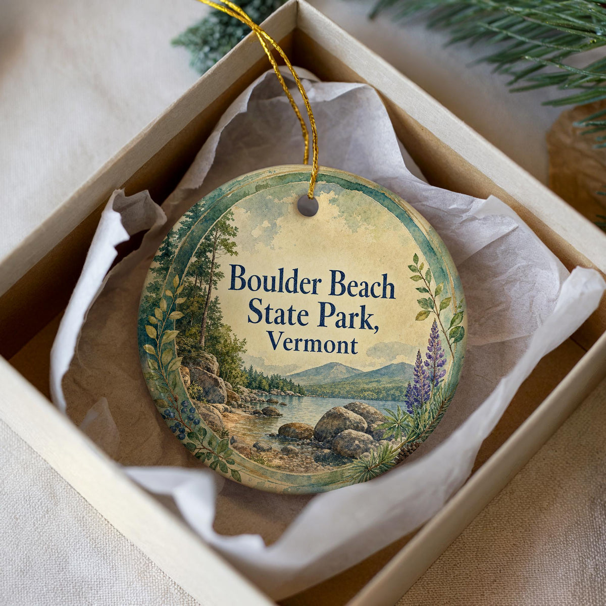 Boulder Beach State Park Vermont Watercolor Ceramic Ornament, Lake Champlain Travel Souvenir, Vermont State Park Keepsake — photo 1