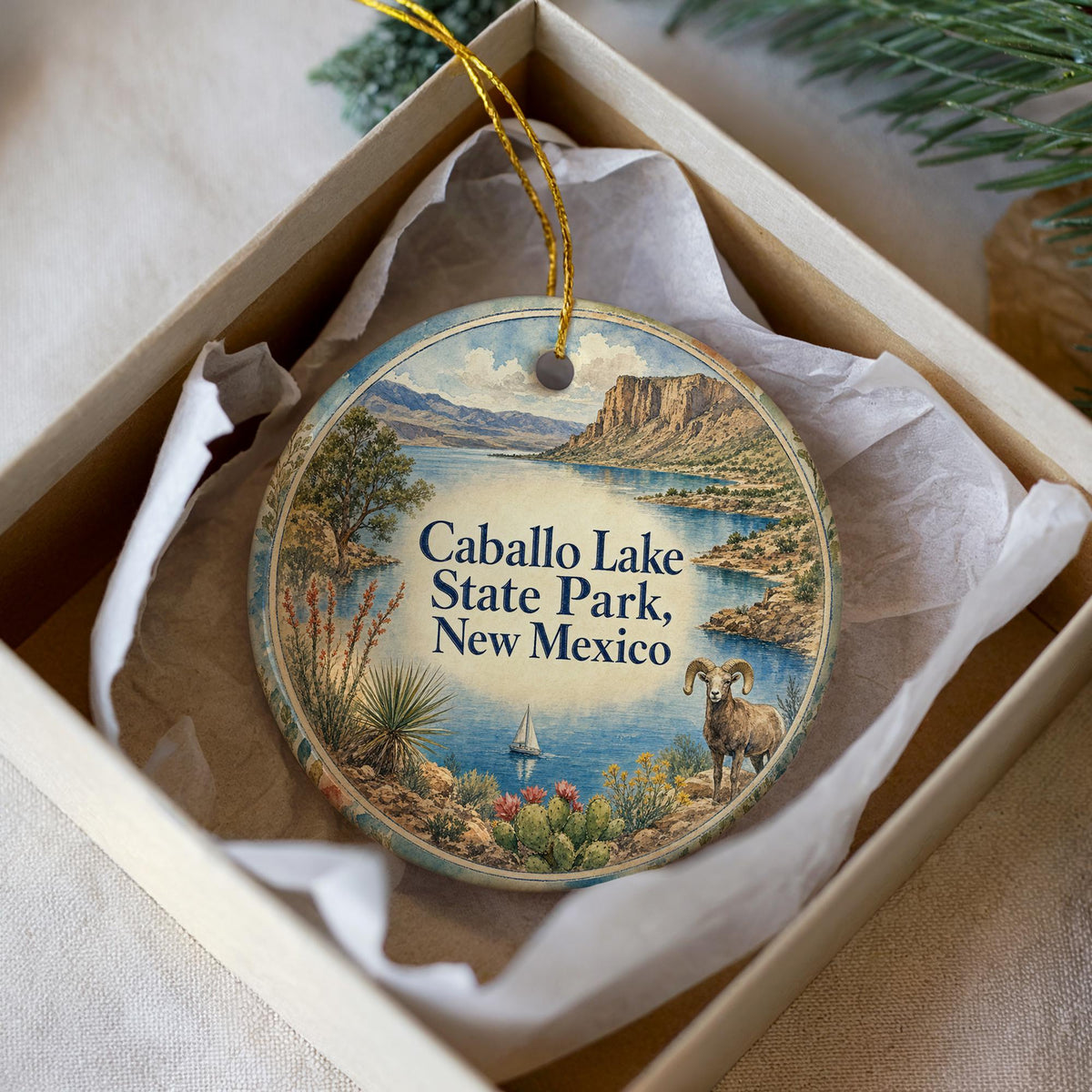 Caballo Lake State Park New Mexico Watercolor Ceramic Ornament, Travel Souvenir, Southwest Landscape Keepsake Gift — photo 1