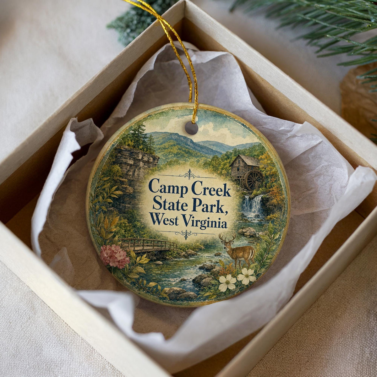 Camp Creek State Park West Virginia Watercolor Ceramic Ornament, WV State Park Souvenir, Camp Creek Keepsake Gift — photo 1
