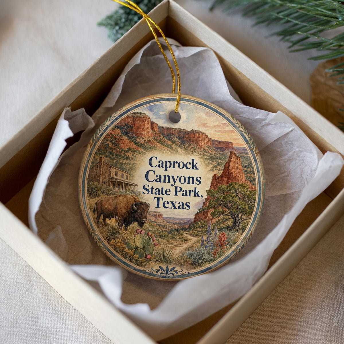 Caprock Canyons State Park Texas Watercolor Ceramic Ornament, Scenic Canyon Landscape Souvenir Gift, Travel Keepsake Decor — photo 1