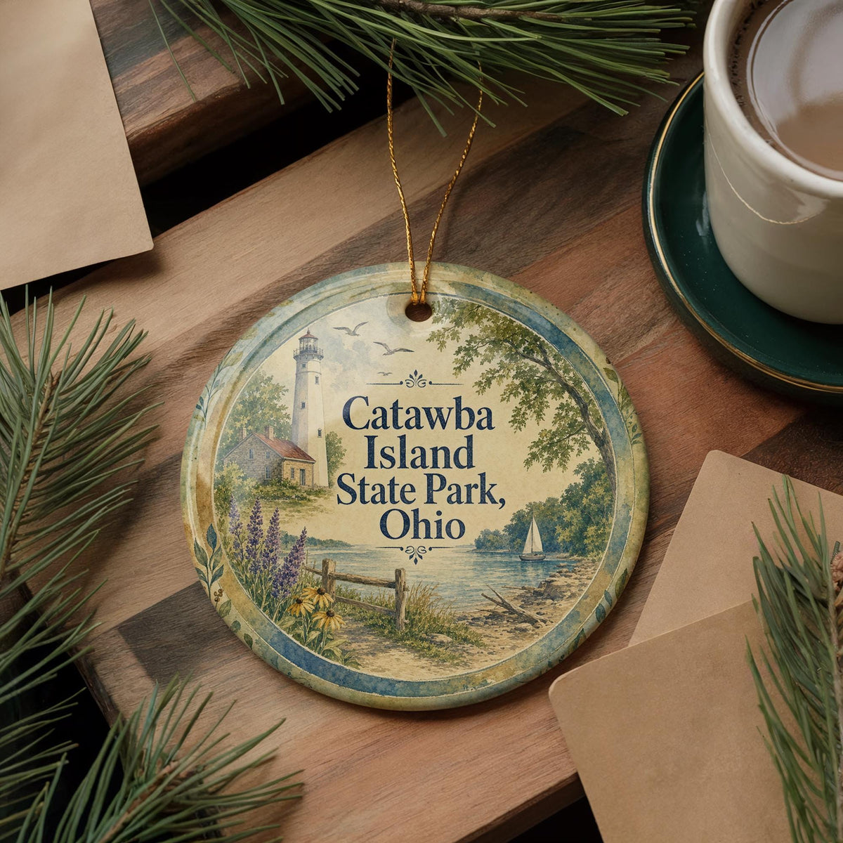 Catawba Island State Park Ohio Watercolor Ceramic Ornament, Lake Erie Travel Souvenir, Vacation Keepsake Gift — photo 5