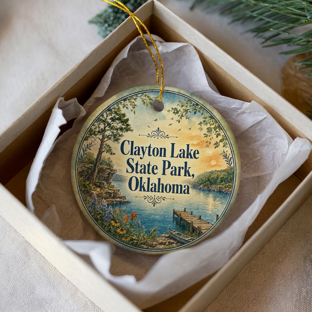 Clayton Lake State Park Oklahoma Watercolor Ceramic Ornament, Clayton Lake OK Travel Souvenir, State Park Keepsake Gift — photo 1