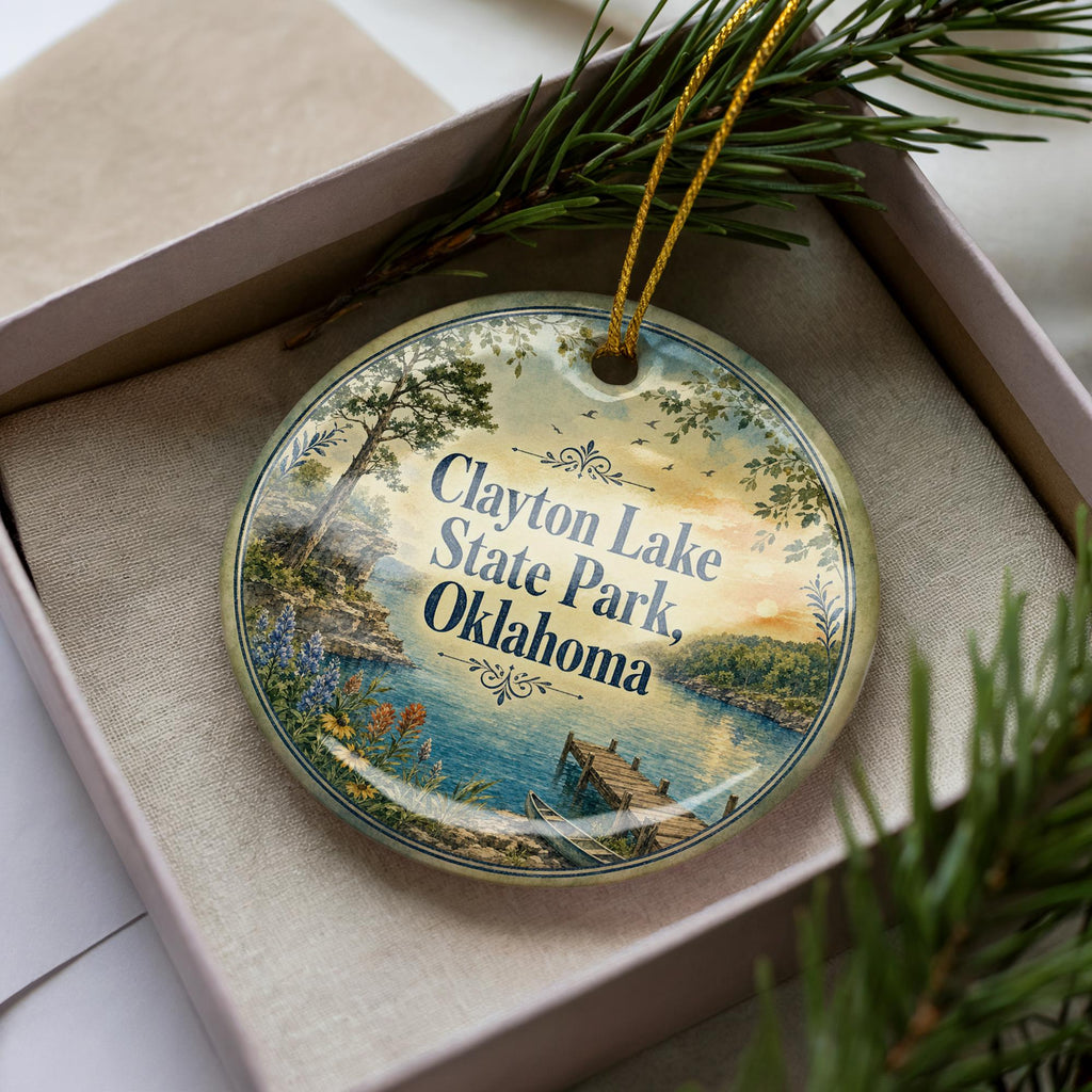 Clayton Lake State Park Oklahoma Watercolor Ceramic Ornament, Clayton Lake OK Travel Souvenir, State Park Keepsake Gift — photo 2