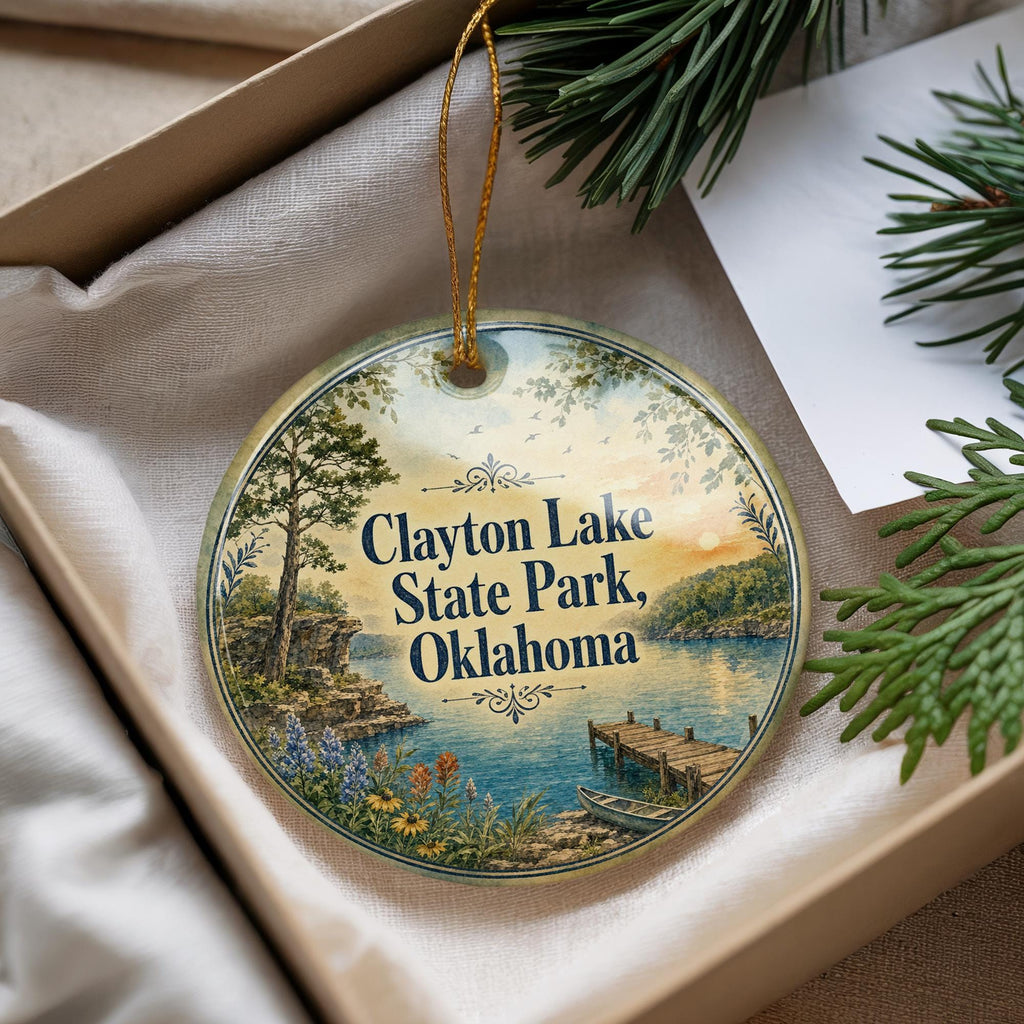 Clayton Lake State Park Oklahoma Watercolor Ceramic Ornament, Clayton Lake OK Travel Souvenir, State Park Keepsake Gift — photo 4