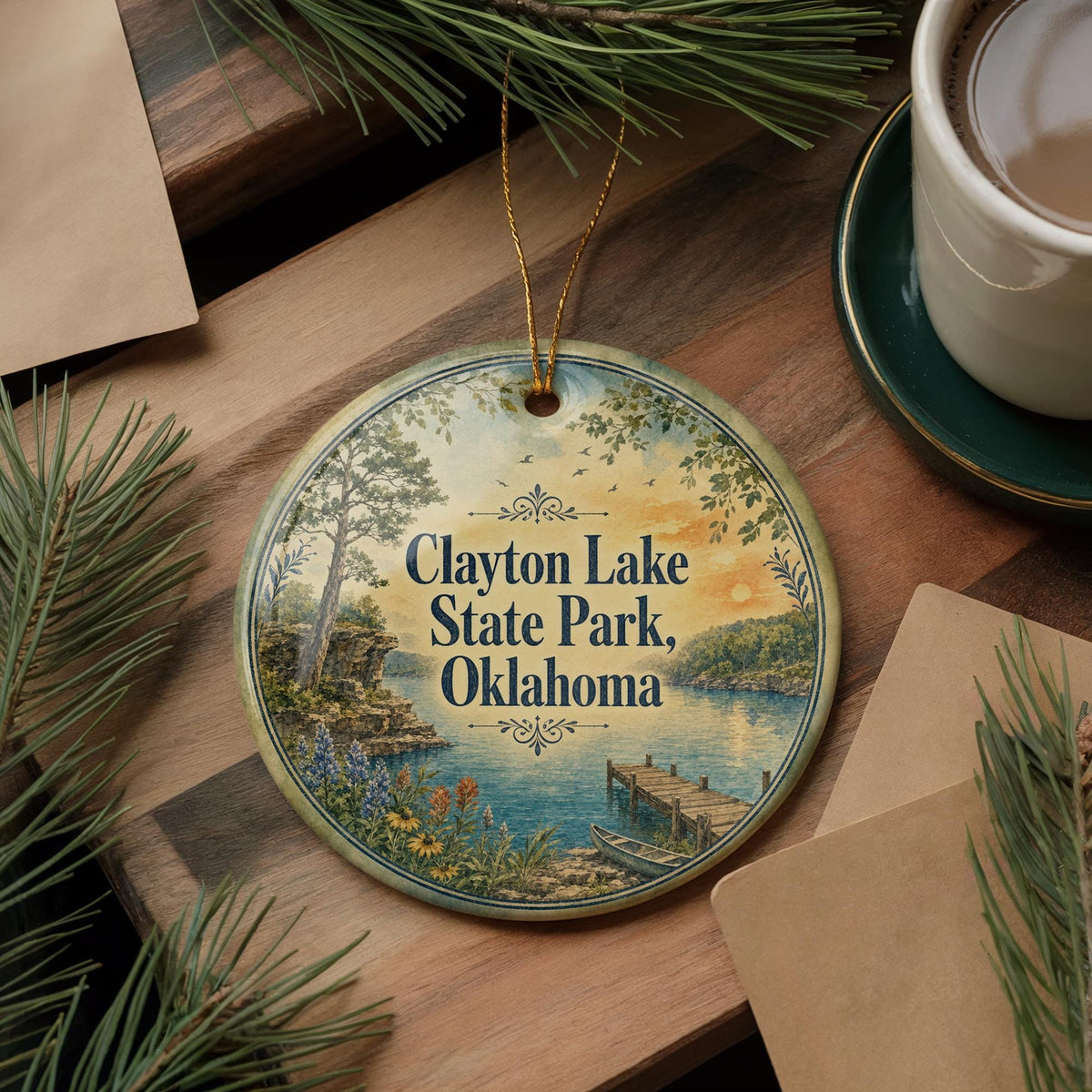Clayton Lake State Park Oklahoma Watercolor Ceramic Ornament, Clayton Lake OK Travel Souvenir, State Park Keepsake Gift — photo 5