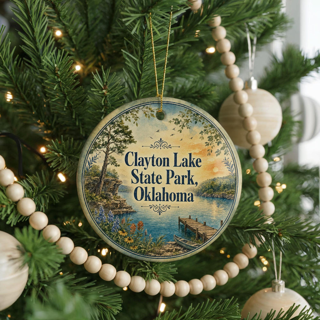 Clayton Lake State Park Oklahoma Watercolor Ceramic Ornament, Clayton Lake OK Travel Souvenir, State Park Keepsake Gift — photo 6