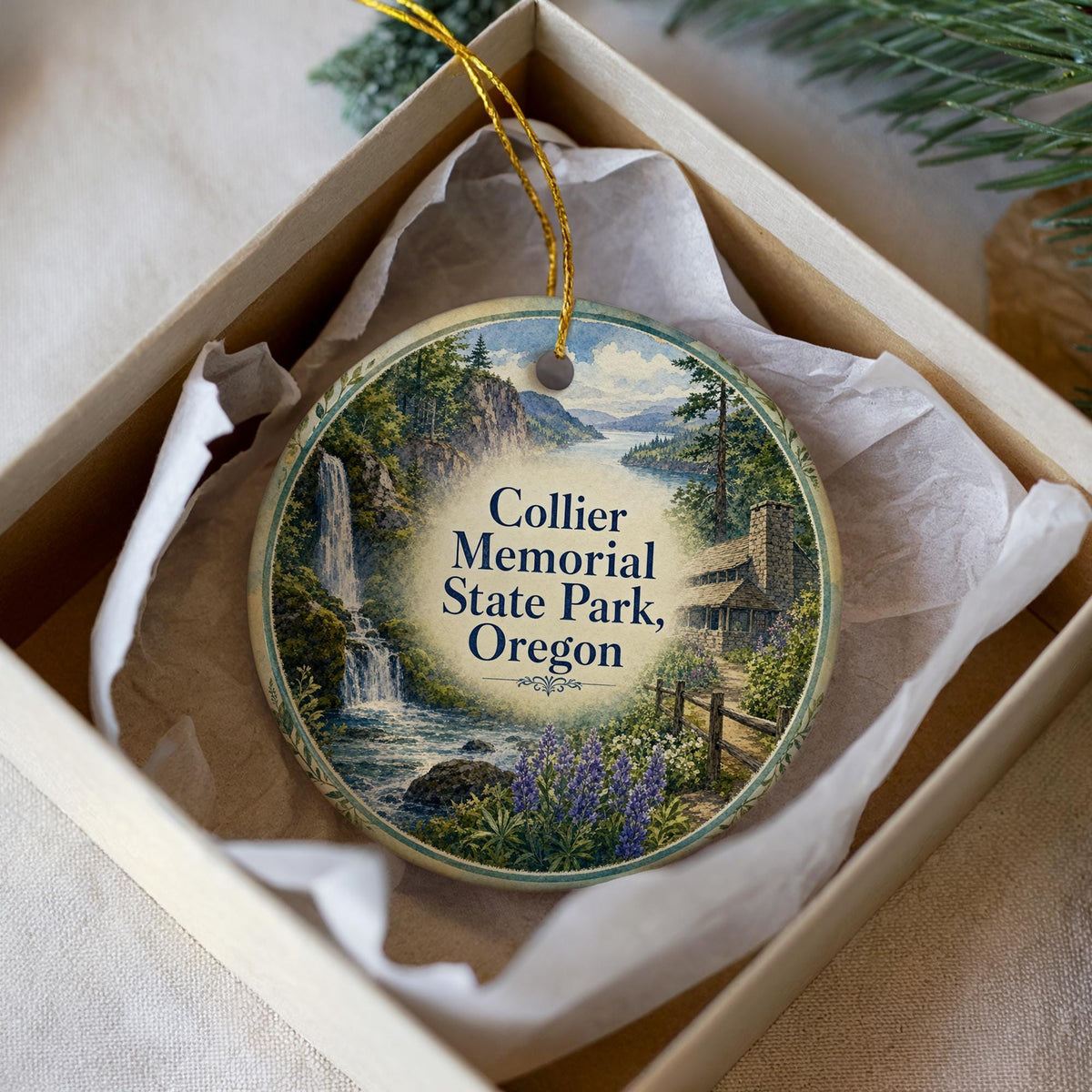 Collier Memorial State Park Oregon Watercolor Ceramic Ornament, Klamath County Park Souvenir Gift, Nature Travel Keepsake — photo 3