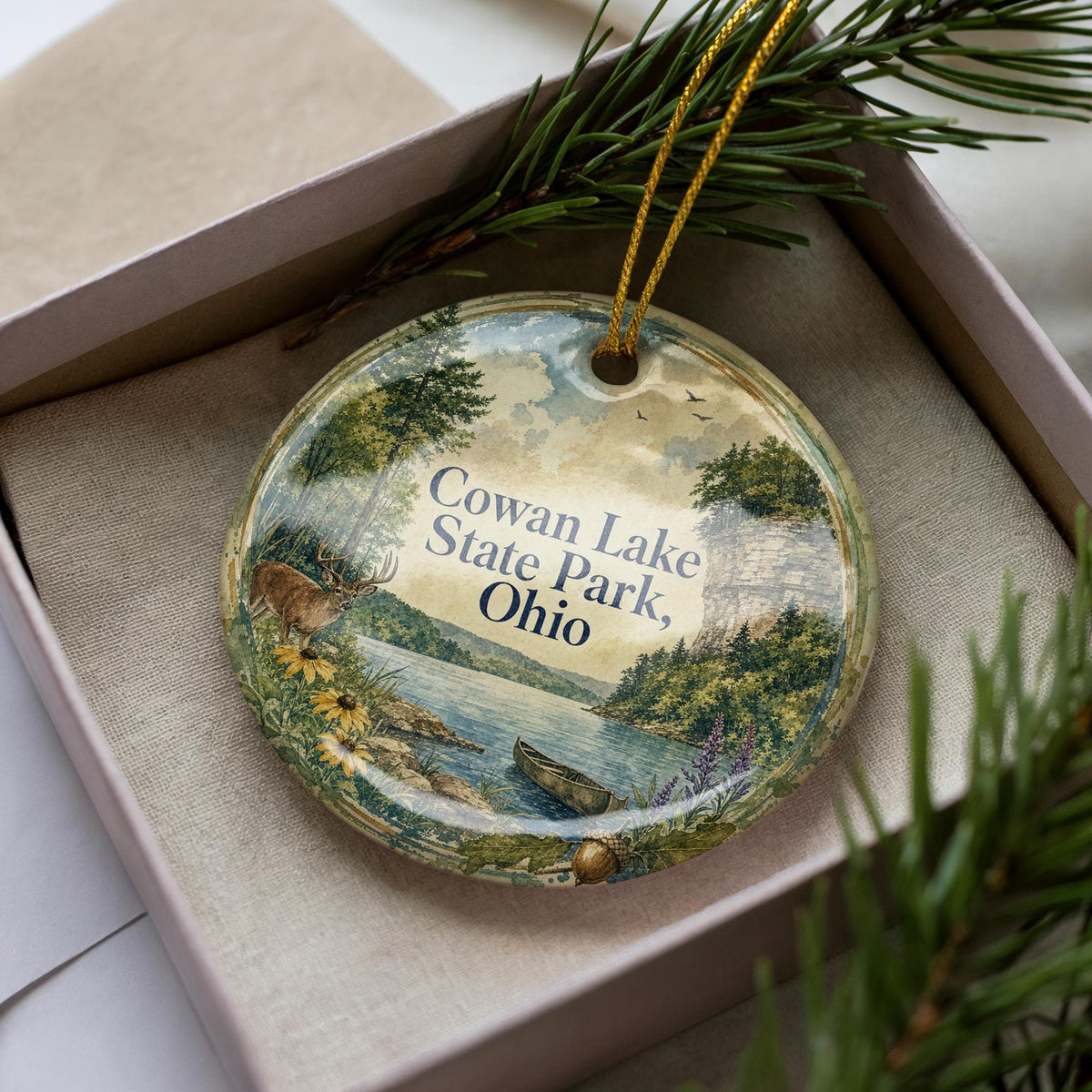 Cowan Lake State Park Ohio Watercolor Ceramic Ornament, Ohio State Park Souvenir, Lake Nature Travel Keepsake Gift — photo 1