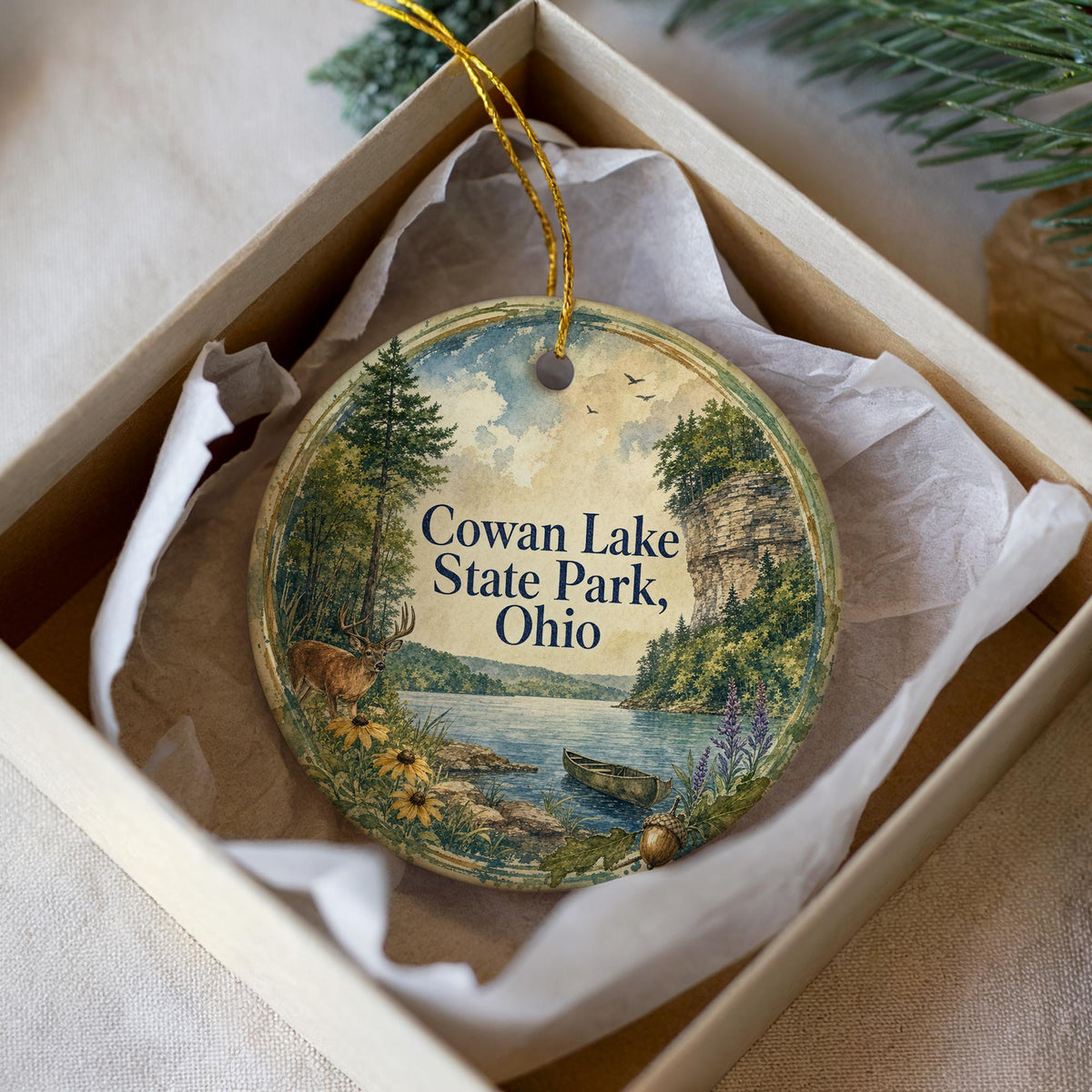 Cowan Lake State Park Ohio Watercolor Ceramic Ornament, Ohio State Park Souvenir, Lake Nature Travel Keepsake Gift — photo 2