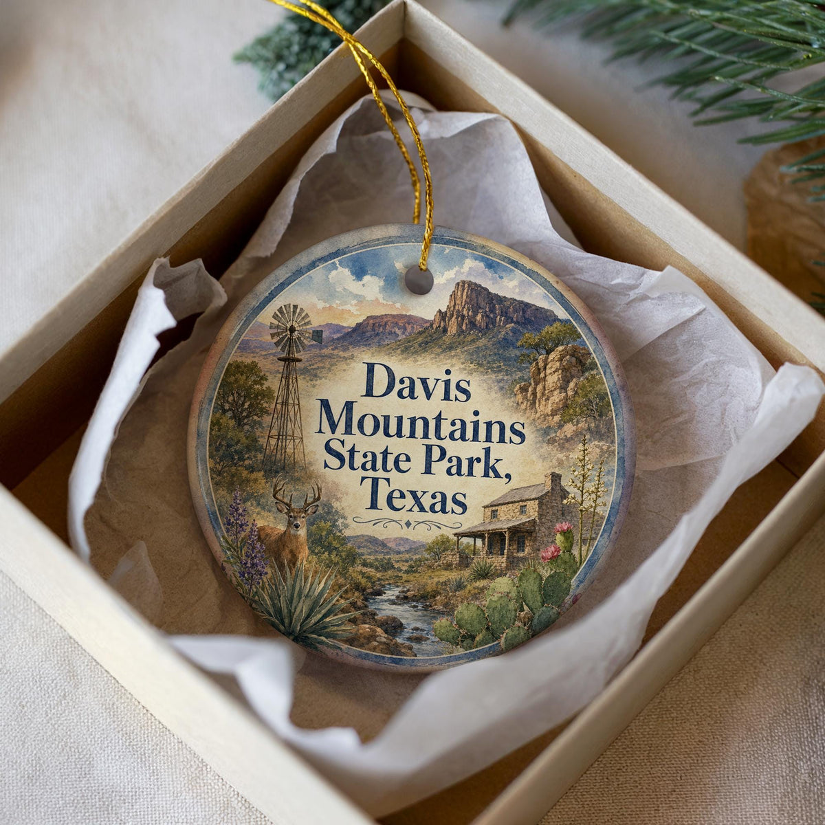Davis Mountains State Park Texas Ceramic Ornament, Watercolor Travel Souvenir, West Texas Landscape Keepsake Gift — photo 2