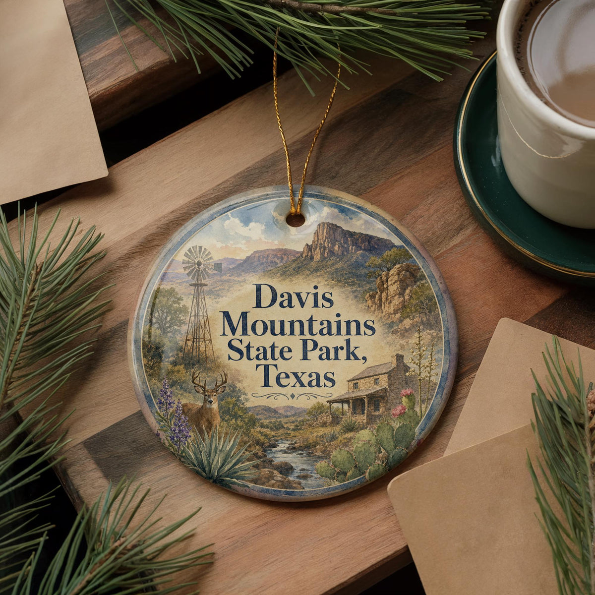 Davis Mountains State Park Texas Ceramic Ornament, Watercolor Travel Souvenir, West Texas Landscape Keepsake Gift — photo 5