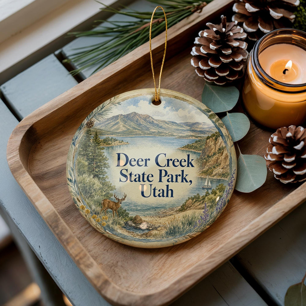 Deer Creek State Park Utah Watercolor Ceramic Ornament, Scenic Utah State Park Keepsake, Mountain Lake Souvenir Gift — photo 1