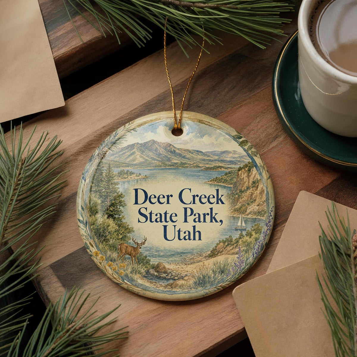 Deer Creek State Park Utah Watercolor Ceramic Ornament, Scenic Utah State Park Keepsake, Mountain Lake Souvenir Gift — photo 5