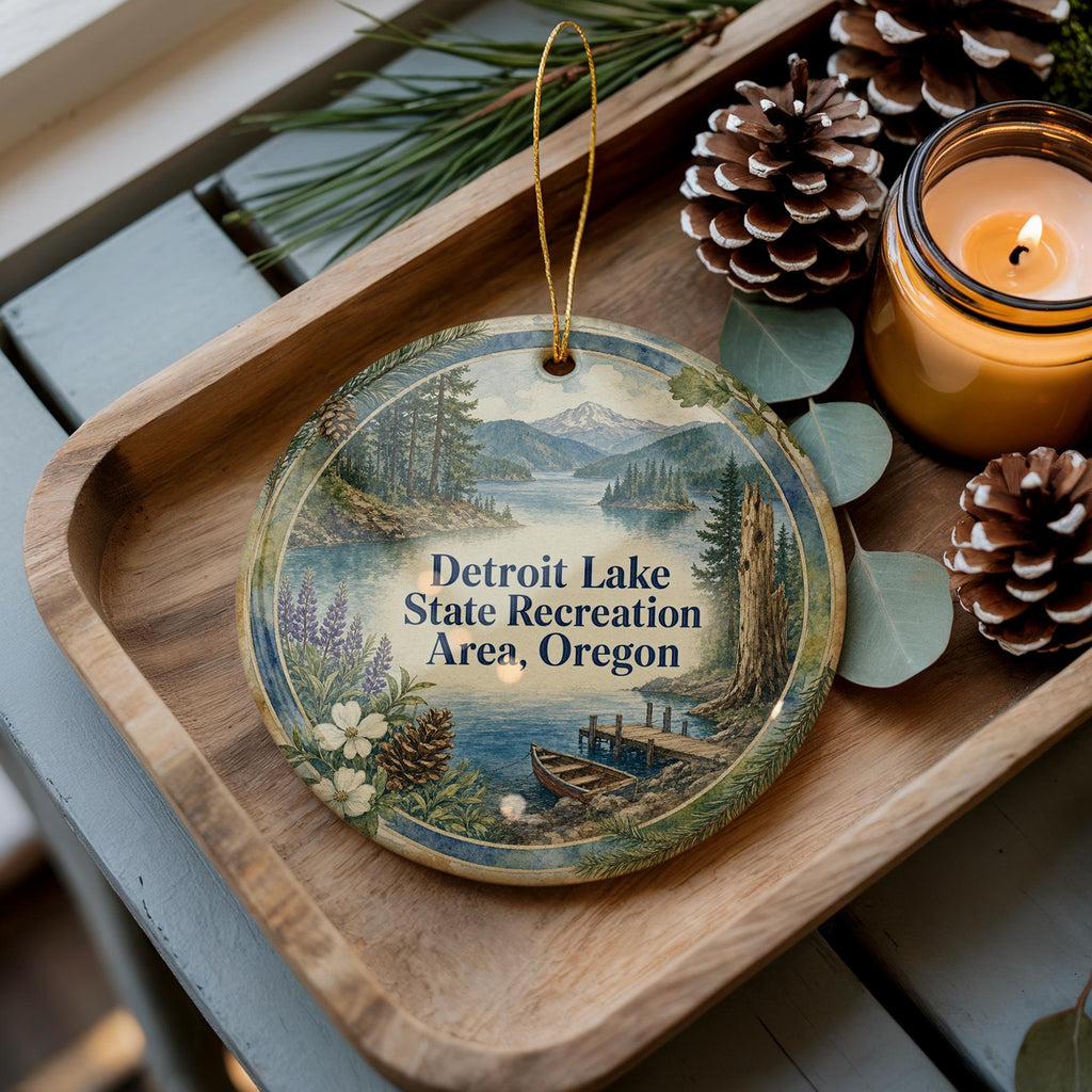 Detroit Lake State Recreation Area Oregon Watercolor Ceramic Ornament, Detroit Lake Souvenir, Oregon State Park Keepsake Decoration — photo 1