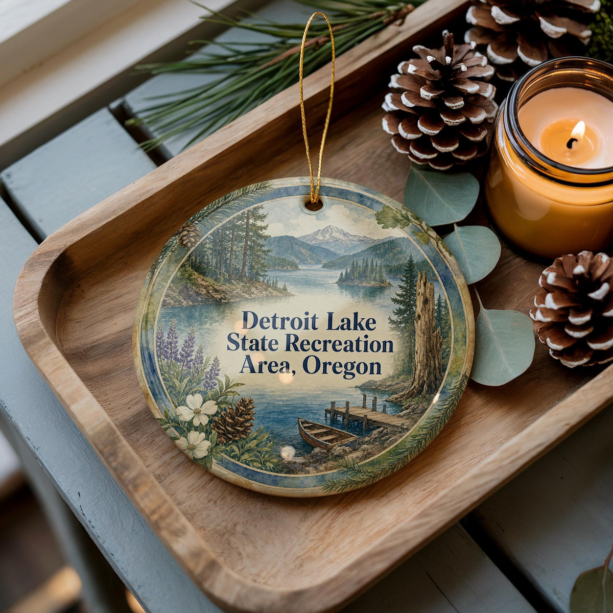 Detroit Lake State Recreation Area Oregon Watercolor Ceramic Ornament, Detroit Lake Souvenir, Oregon State Park Keepsake Decoration — photo 1