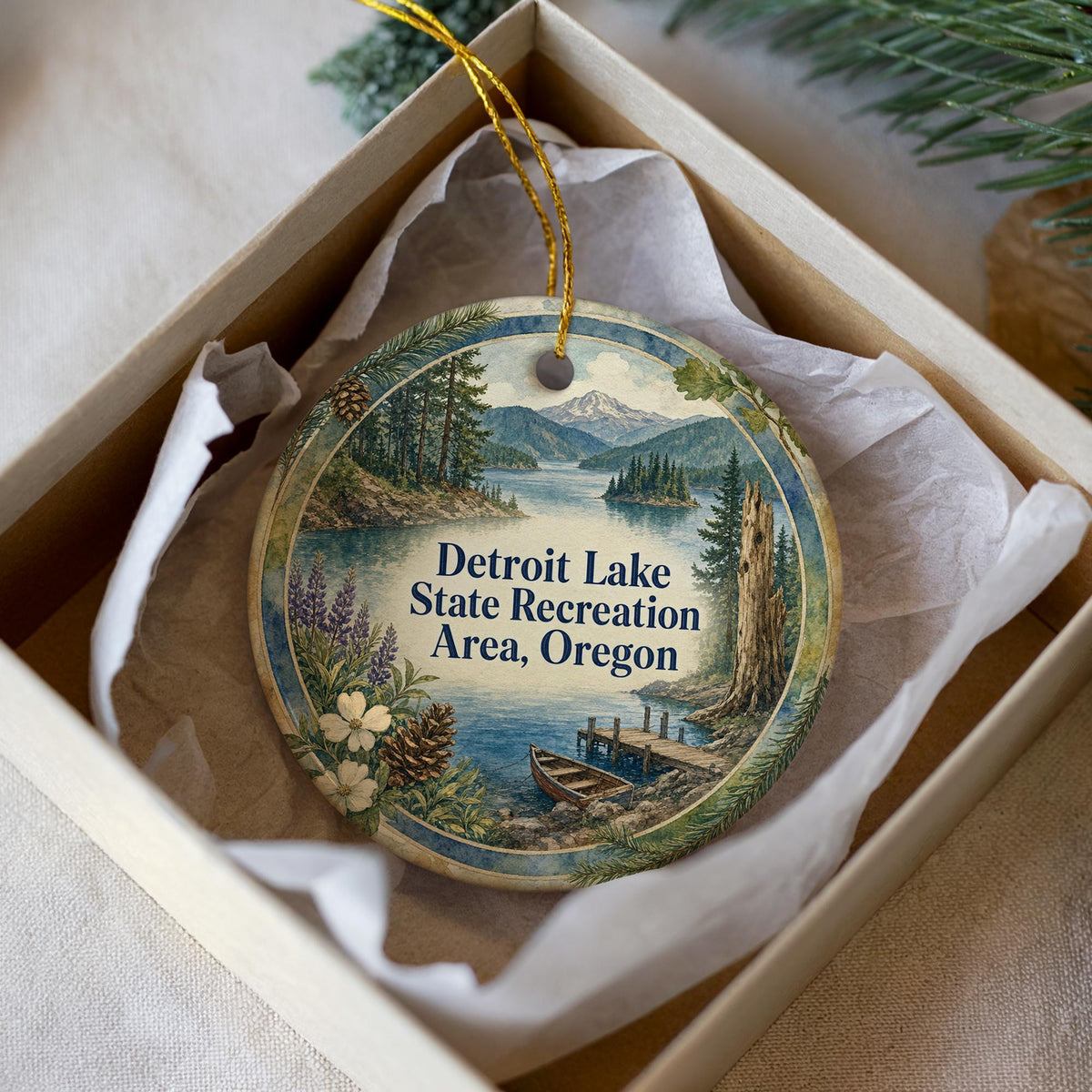 Detroit Lake State Recreation Area Oregon Watercolor Ceramic Ornament, Detroit Lake Souvenir, Oregon State Park Keepsake Decoration — photo 2